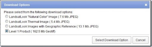 Opciones descarga escena USGS